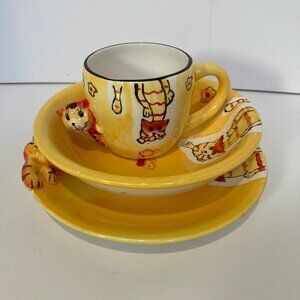Maison & Cadeaux Clair De Lune Yellow Cat Drawing Ceramic Cup Bowl Plate Set